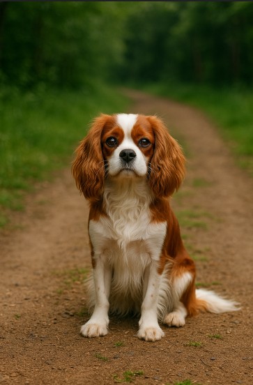 Cavalier King Charles Spaniel with a chestnut and white coat sitting on a dirt path surrounded by greenery, looking gentle and calm.