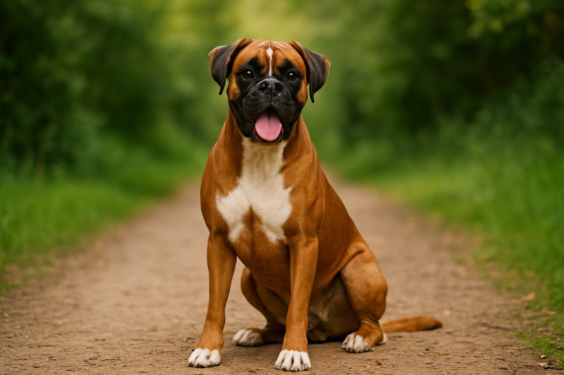 Boxer dog with a fawn coat and white chest markings sitting on a dirt path surrounded by greenery, looking happy with tongue out.