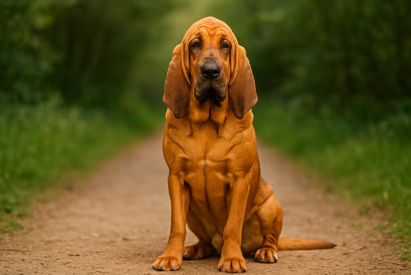 Bloodhound with a reddish-brown coat and long ears sitting on a dirt path surrounded by greenery, looking calm and attentive.