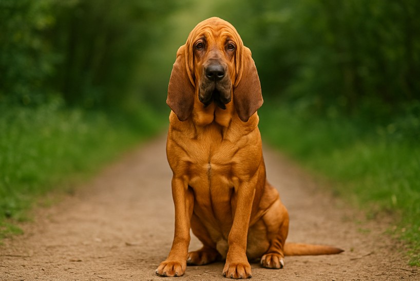 Bloodhound with a reddish-brown coat and long ears sitting on a dirt path surrounded by greenery, looking calm and attentive.