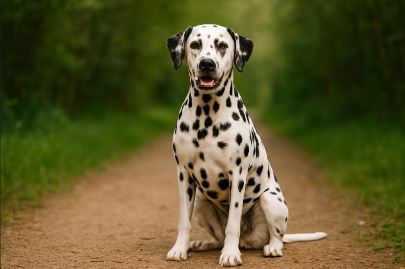 Dalmatian with a white coat and black spots sitting on a dirt path surrounded by lush greenery, looking alert and friendly.