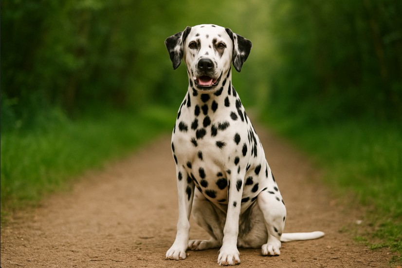 Dalmatian with a white coat and black spots sitting on a dirt path surrounded by lush greenery, looking alert and friendly.