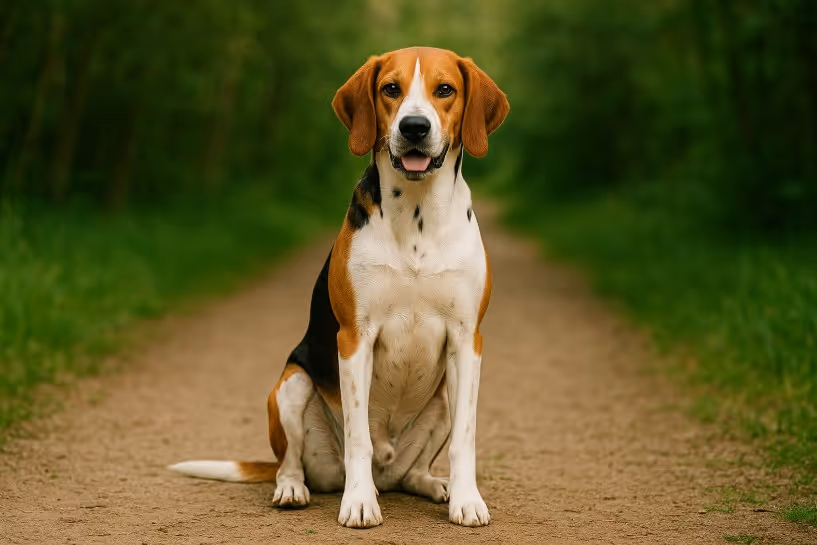 English Foxhound with a tricolor coat standing on a dirt path in a wooded area, looking alert with a strong, athletic stance.