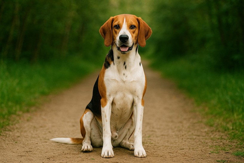 English Foxhound with a tricolor coat standing on a dirt path in a wooded area, looking alert with a strong, athletic stance.