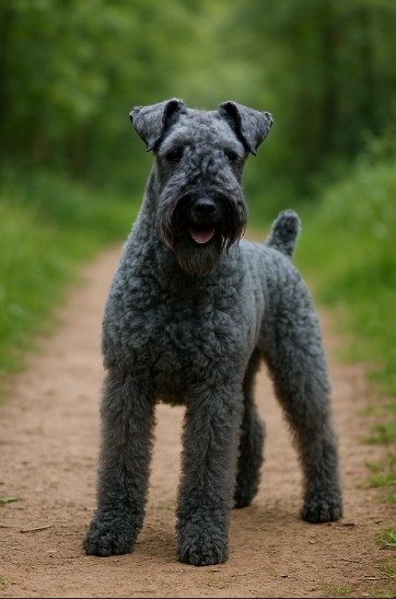 Kerry Blue Terrier with a curly blue-gray coat standing on a dirt path surrounded by forest greenery, appearing alert and poised.