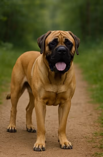 Mastiff with a fawn-colored coat and black mask standing on a dirt path in a wooded area, displaying a strong and calm presence.