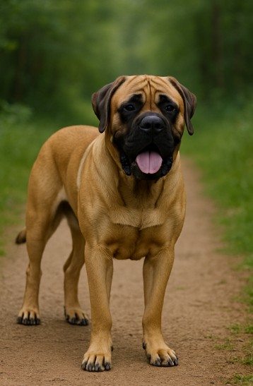 Mastiff with a fawn-colored coat and black mask standing on a dirt path in a wooded area, displaying a strong and calm presence.