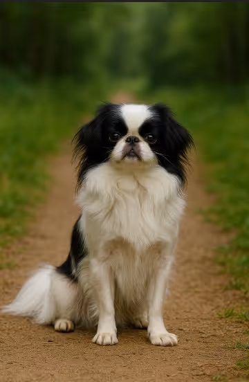 Japanese Chin with a long black and white coat sitting on a dirt path in a wooded area, looking gentle and elegant.