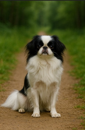 Japanese Chin with a long black and white coat sitting on a dirt path in a wooded area, looking gentle and elegant.