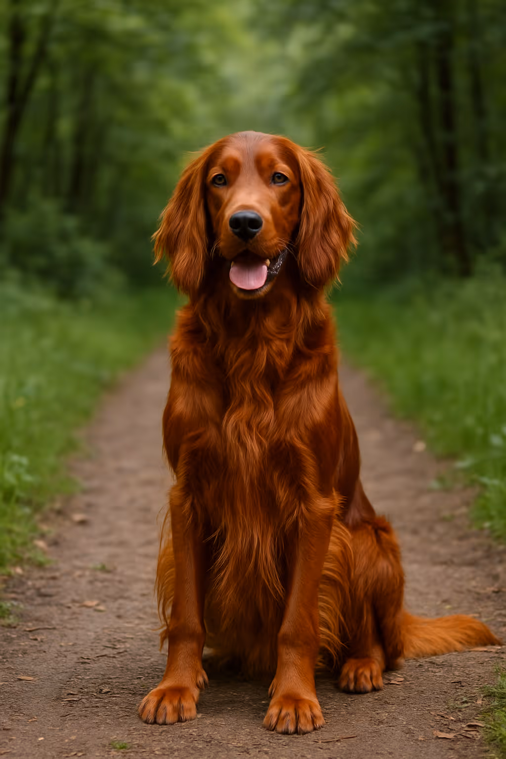 Irish Setter with a glossy, deep red coat sitting on a forest path, looking elegant and alert in a natural outdoor setting.
