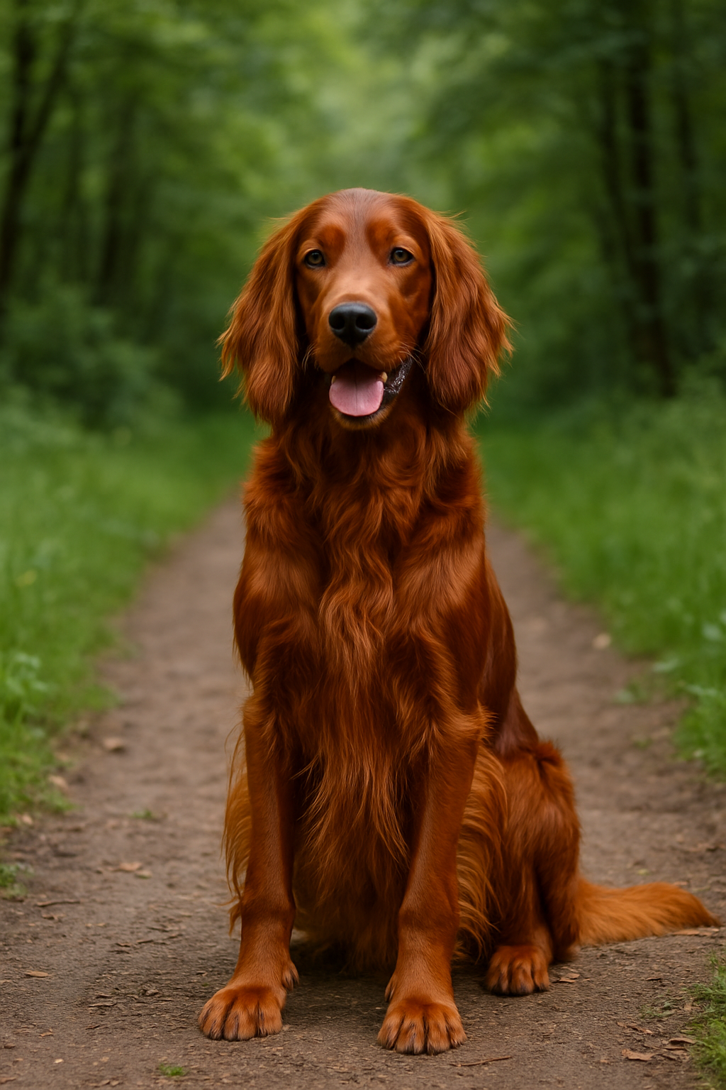 Irish Setter with a glossy, deep red coat sitting on a forest path, looking elegant and alert in a natural outdoor setting.