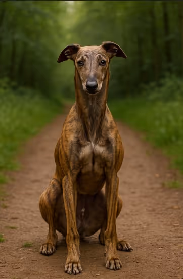 Brindle-colored Greyhound sitting gracefully on a dirt path surrounded by greenery, showcasing its slender build and calm demeanor.