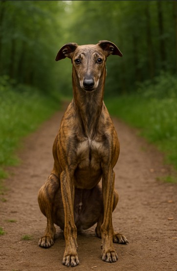 Brindle-colored Greyhound sitting gracefully on a dirt path surrounded by greenery, showcasing its slender build and calm demeanor.