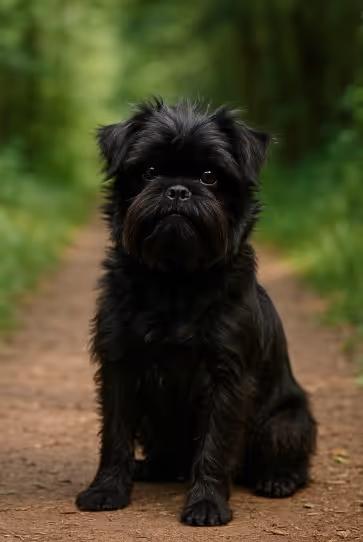 Affenpinscher with a scruffy black coat sitting on a forest trail, displaying its small size, expressive face, and curious posture.