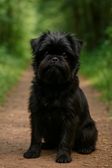 Affenpinscher with a scruffy black coat sitting on a forest trail, displaying its small size, expressive face, and curious posture.
