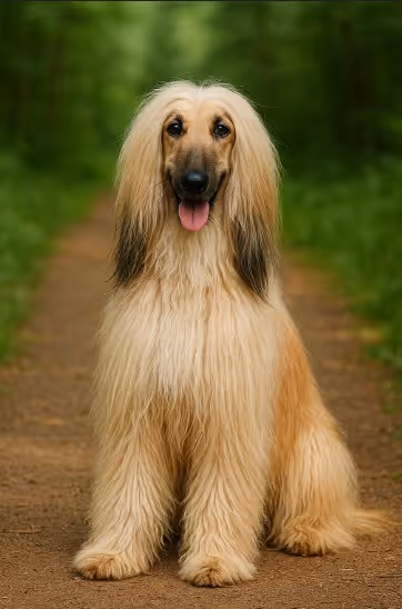 Afghan Hound with a long, flowing cream coat sitting gracefully on a dirt path surrounded by greenery, exuding elegance and poise. 
