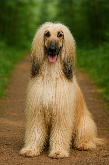 Afghan Hound with a long, flowing cream coat sitting gracefully on a dirt path surrounded by greenery, exuding elegance and poise. 