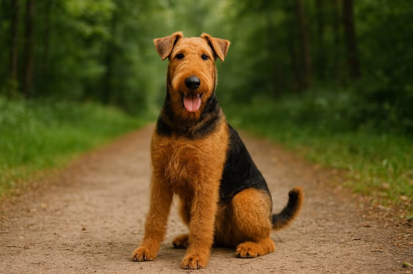 Airedale Terrier with a wiry tan and black coat standing alert on a wooded trail, showcasing its sturdy build and intelligent expression.
