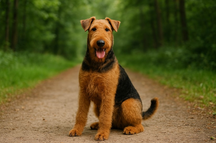 Airedale Terrier with a wiry tan and black coat standing alert on a wooded trail, showcasing its sturdy build and intelligent expression.
