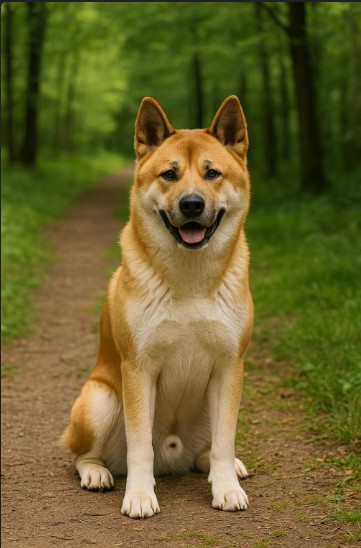 Akita with a thick cream and tan coat sitting on a dirt trail surrounded by trees, looking calm and powerful with upright ears.