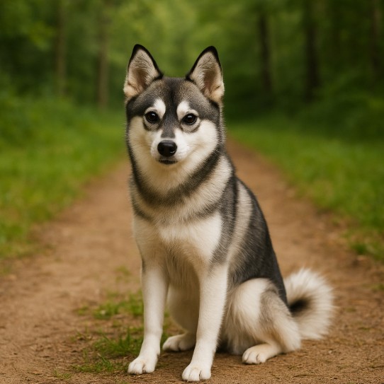 Alaskan Klee Kai with a thick gray and white coat sitting on a wooded path, resembling a miniature husky with upright ears and an alert expression.