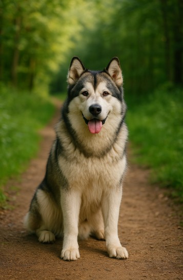 Alaskan Malamute with a thick gray and white coat sitting on a dirt trail in a wooded area, looking strong and friendly with upright ears.