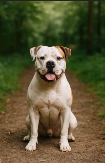 American Bulldog with a muscular white and brown coat sitting on a dirt trail surrounded by trees, looking strong and calm with a confident posture.