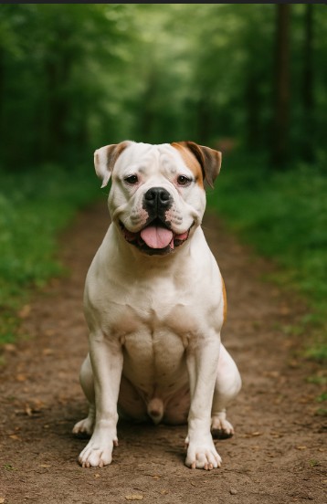 American Bulldog with a muscular white and brown coat sitting on a dirt trail surrounded by trees, looking strong and calm with a confident posture.