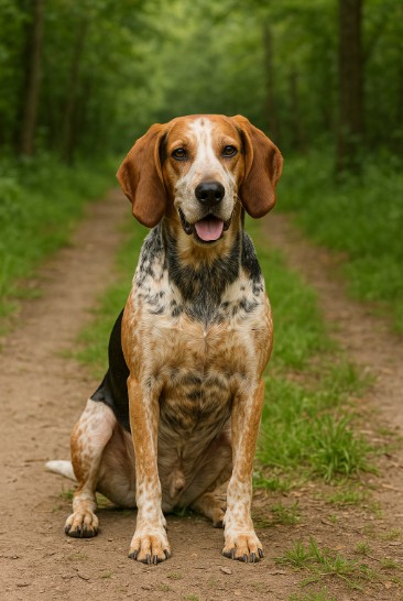 American English Coonhound with a sleek tricolor coat standing alert on a wooded trail, showcasing its athletic build and keen expression.