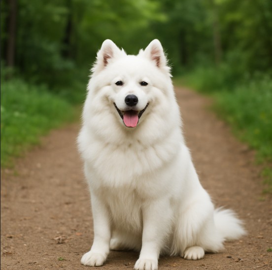 American Eskimo Dog with a fluffy white coat sitting on a dirt trail surrounded by trees, appearing cheerful and alert with its tongue out.