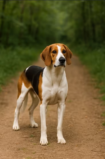 American Foxhound with a lean tricolor coat standing on a wooded path, showcasing its athletic build, long legs, and alert expression.