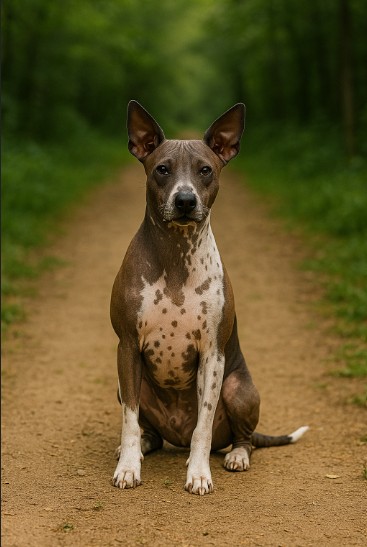 American Hairless Terrier with smooth, spotted skin sitting on a wooded trail, showcasing its alert ears, compact body, and expressive face.