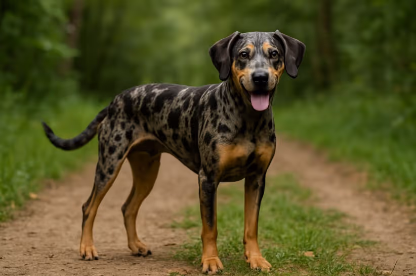American Leopard Hound with a distinctive merle coat standing confidently on a dirt trail in the woods, displaying a muscular build and alert expression.