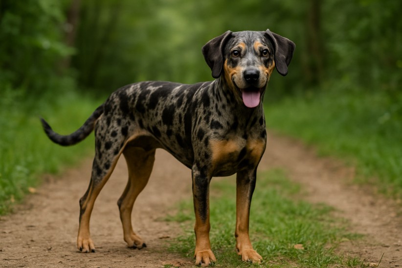 American Leopard Hound with a distinctive merle coat standing confidently on a dirt trail in the woods, displaying a muscular build and alert expression.