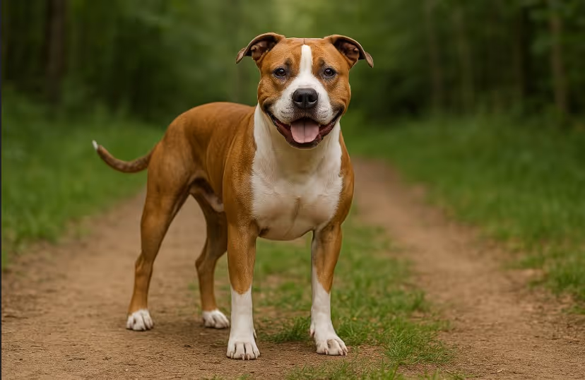 American Staffordshire Terrier with a muscular build and short brindle coat sitting on a wooded path, looking alert and confident with upright ears.