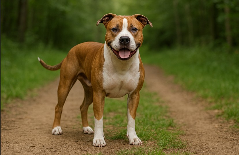 American Staffordshire Terrier with a muscular build and short brindle coat sitting on a wooded path, looking alert and confident with upright ears.