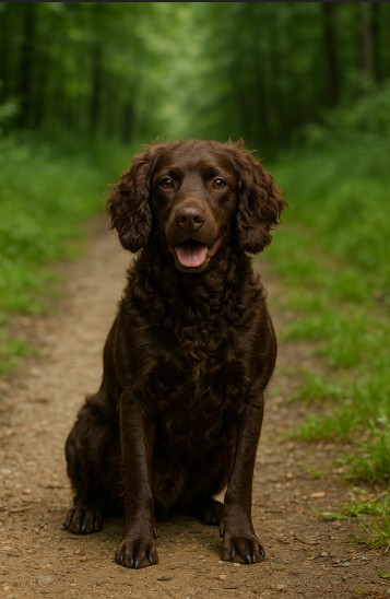 American Water Spaniel with a curly brown coat sitting on a forest trail, showcasing its compact body, floppy ears, and friendly expression.