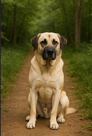 A photograph captures an Anatolian Shepherd Dog with a light tan coat and black face, sitting attentively on a dirt path in a green forest setting.