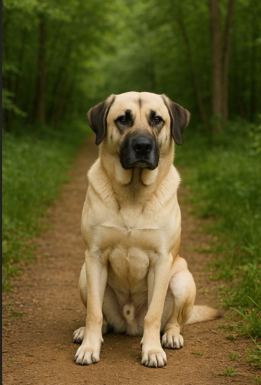 A photograph captures an Anatolian Shepherd Dog with a light tan coat and black face, sitting attentively on a dirt path in a green forest setting.