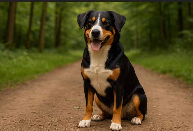 Appenzeller Sennenhund with a tricolor coat (black, white, and tan) sitting on a grassy path, alert and looking into the distance, showcasing its muscular frame and working-dog posture.