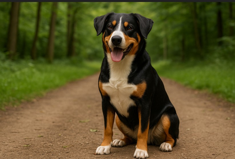 Appenzeller Sennenhund with a tricolor coat (black, white, and tan) sitting on a grassy path, alert and looking into the distance, showcasing its muscular frame and working-dog posture.