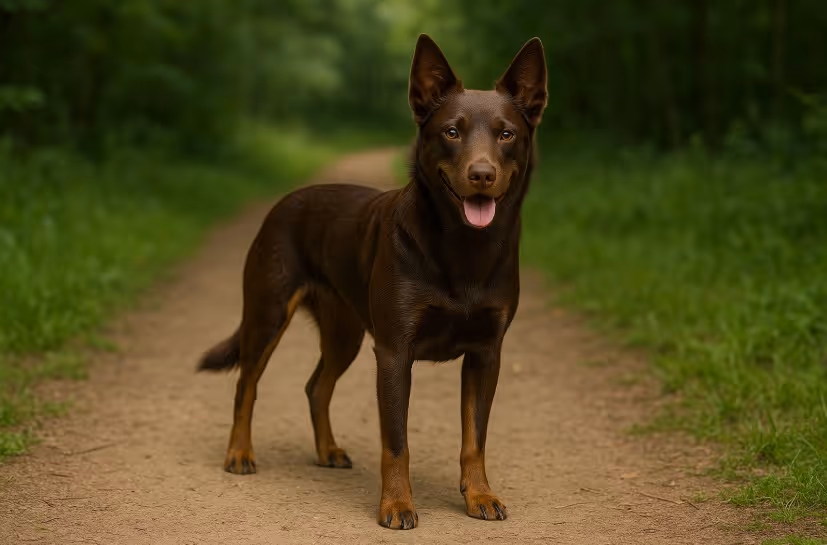 A photograph of a chocolate-brown Australian Kelpie dog sitting attentively in a grassy field, showcasing its upright ears and focused expression.