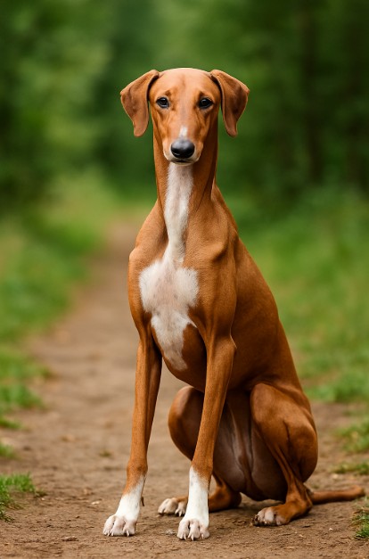 Azawakh with a slender build and fawn coat sitting on a dirt trail surrounded by greenery, showcasing its elegant posture and alert expression.