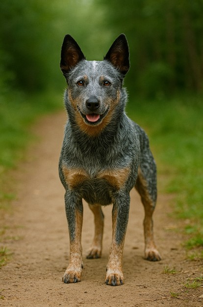 Australian Stumpy Tail Cattle Dog with a blue mottled coat standing alert on a dirt trail surrounded by greenery, showcasing its muscular build and attentive expression.