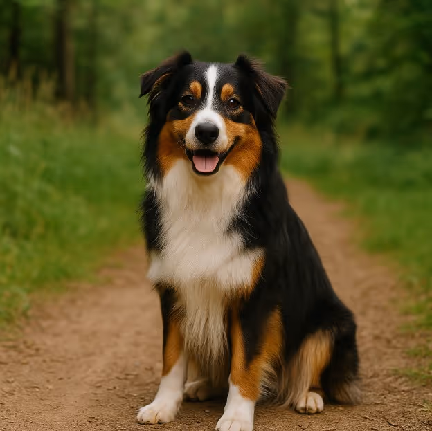 Australian Shepherd with a tricolor coat of black, white, and tan sitting on a dirt trail surrounded by greenery, looking alert and friendly.