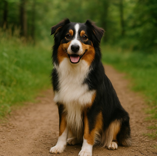 Australian Shepherd with a tricolor coat of black, white, and tan sitting on a dirt trail surrounded by greenery, looking alert and friendly.