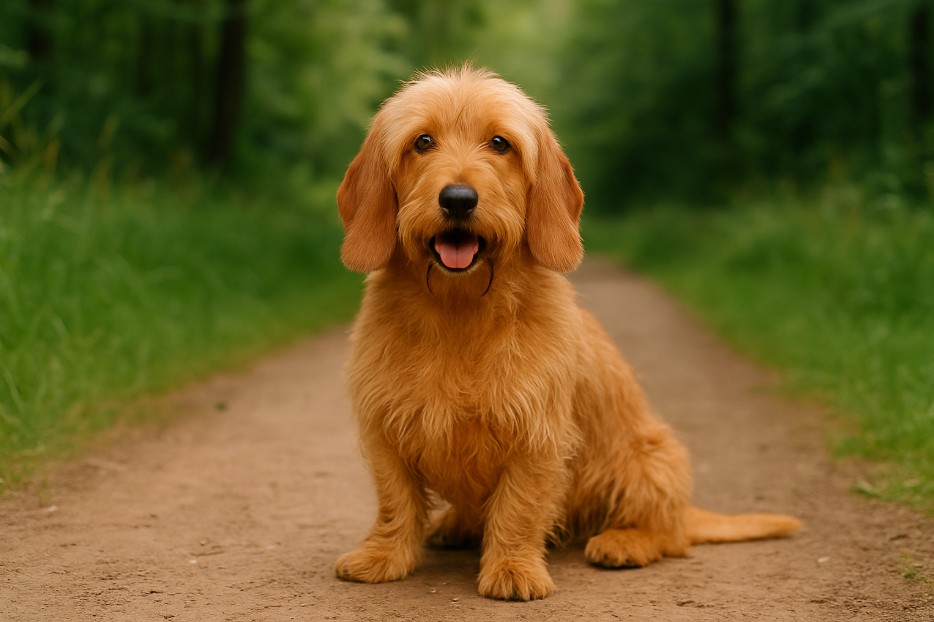Basset Fauve de Bretagne with a wiry golden-brown coat sitting on a dirt trail surrounded by lush greenery, looking alert and friendly.