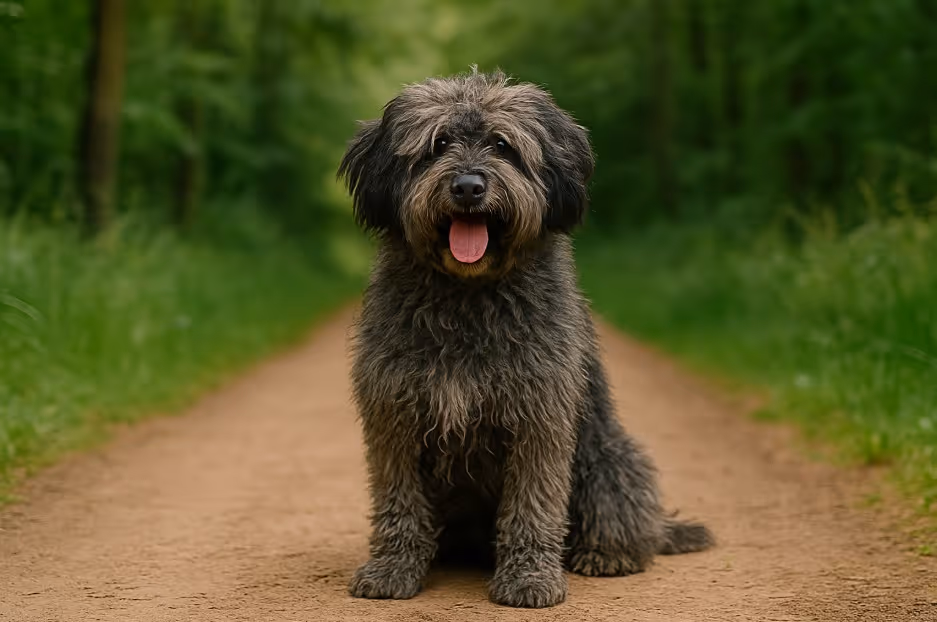 Barbado da Terceira with a thick, shaggy dark gray coat sitting on a dirt trail surrounded by green forest, looking friendly with tongue out.