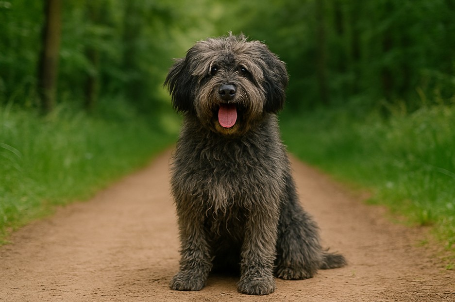 Barbado da Terceira with a thick, shaggy dark gray coat sitting on a dirt trail surrounded by green forest, looking friendly with tongue out.