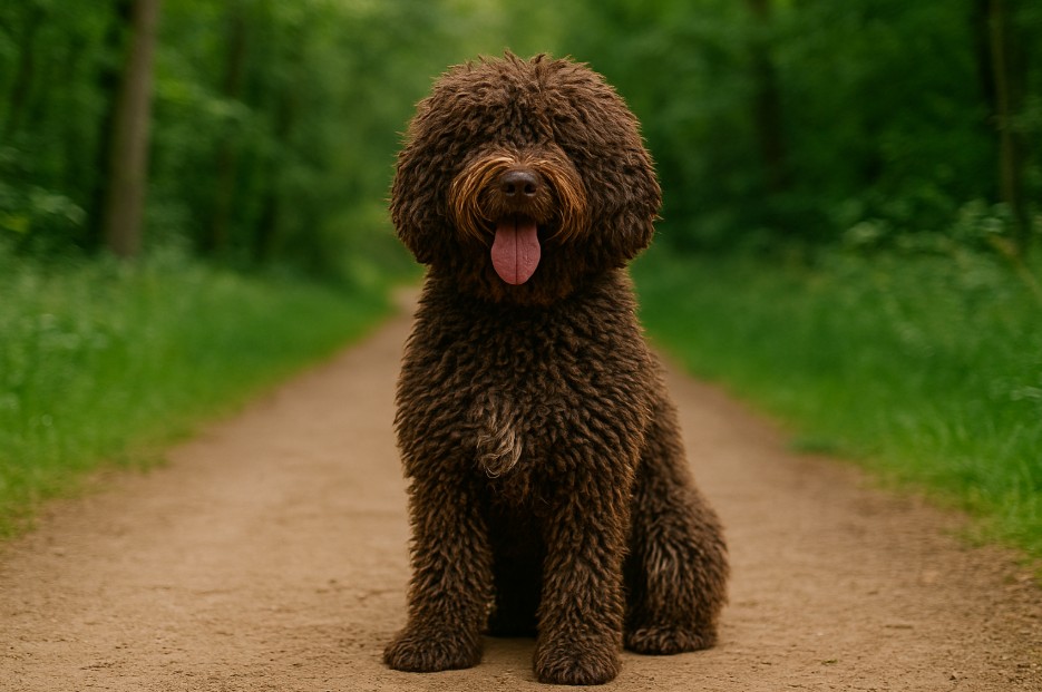 Barbet with a thick, curly chocolate-brown coat sitting on a dirt trail in a green forest, looking friendly with its tongue out.
